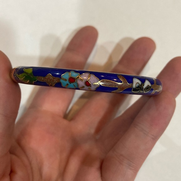 Cloisonné Hinged Bangle Bracelet Blue Pink Brown Yellow Good Used Condition - Picture 3 of 9